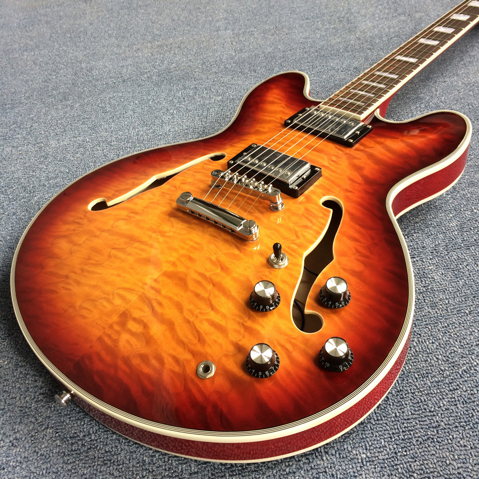 Double F holes jazz electric guitar,Rosewood Fingerboard,burst color Quilte Maple with Red back