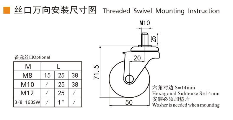 30kg Threaded TPE Mini Caster Wheels 50mm 2 Swivel Casters