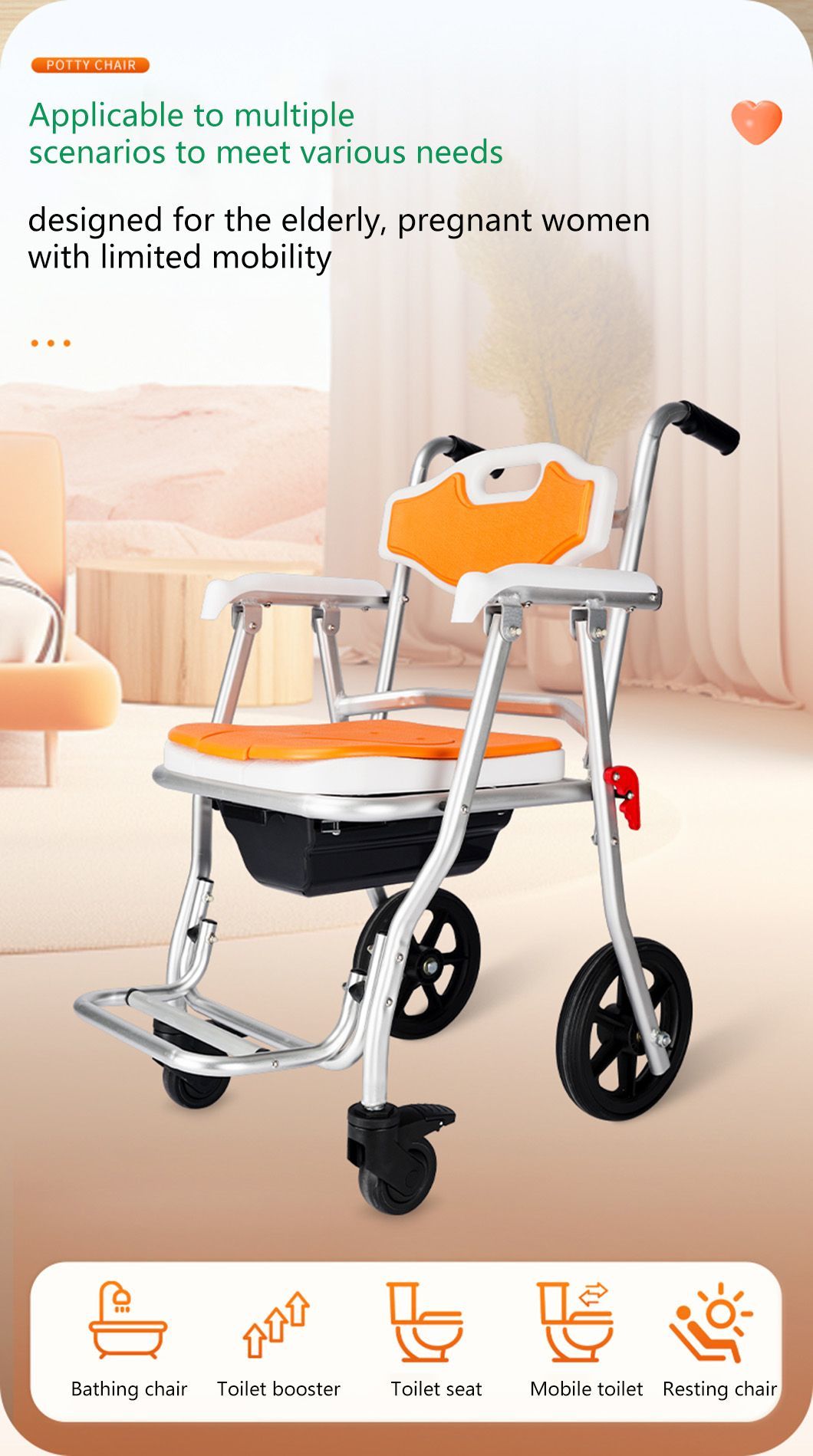 Medical Used Manual Wheelchair Lightweight Folding Commode Chair for Elderly and Disabled People
