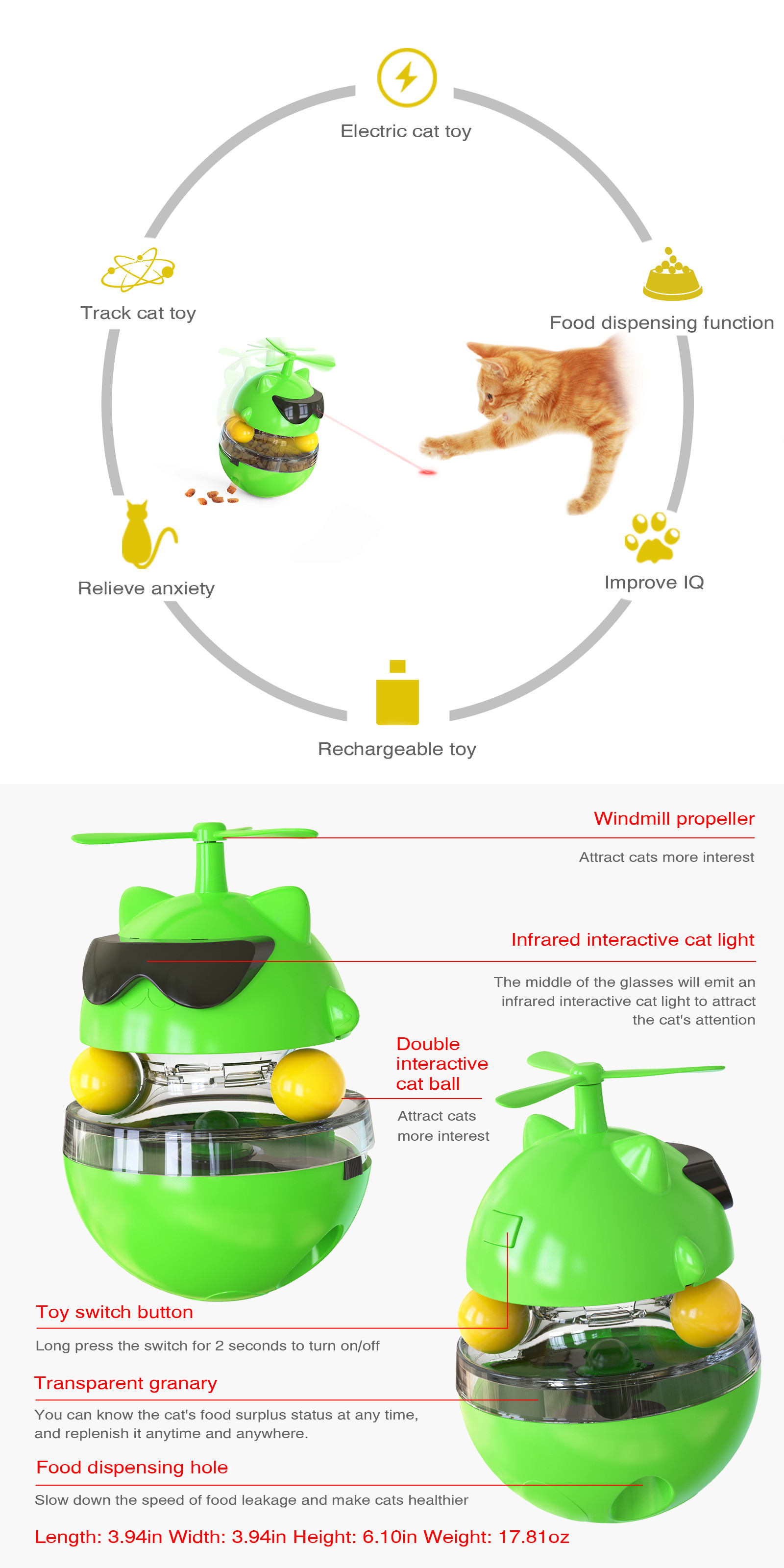 Cat Tumbler Interactive Pet Toys Laser Light USB Charging ODM 512g