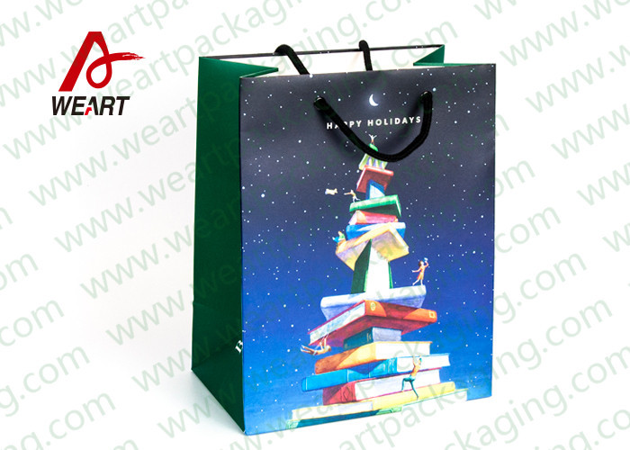 C1S Card Paper Christmas Present Bag , PP Flat Ribbon Christmas Brown Paper Bags