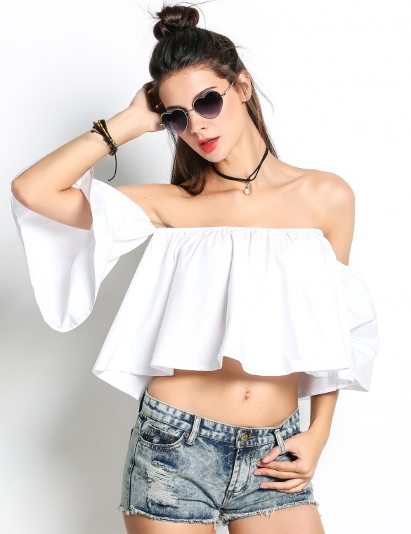 ladies tops latest design Women Off Shoulder Flare Sleeve Ruffles Solid Crop Tops