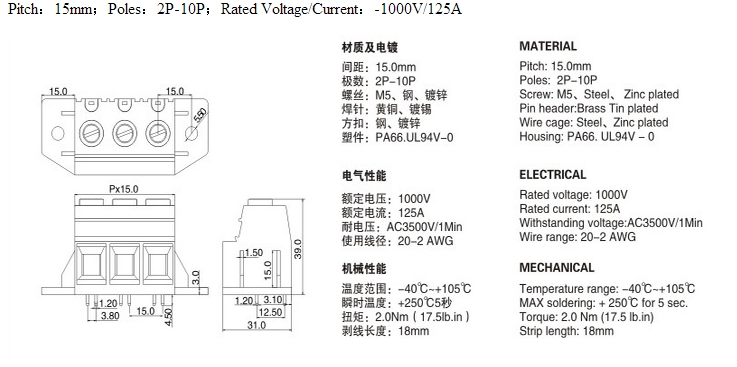 KF137TM-15.0 Pcb Mount Screw Terminal 4pins Green Color Plug - In Type pcb terminal blocks terminal block
