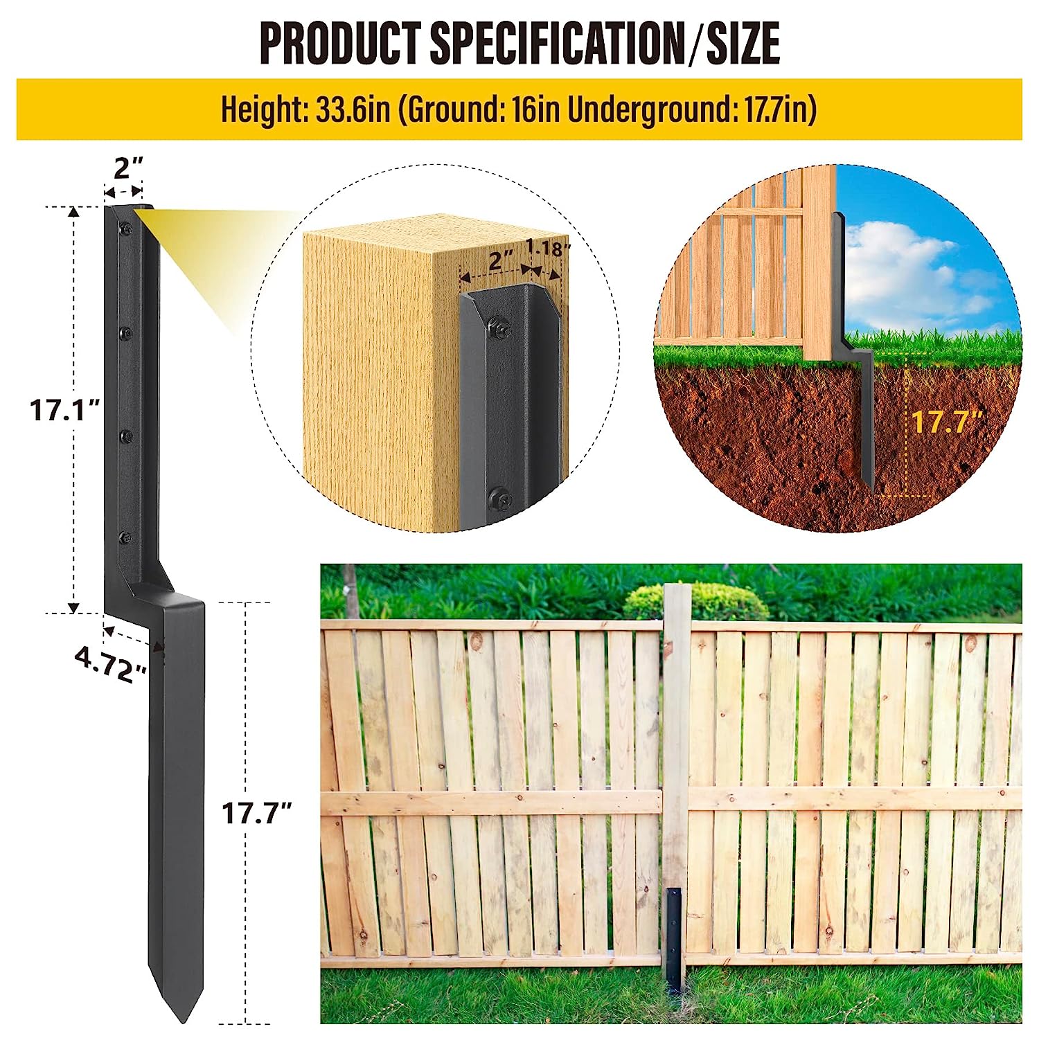 2mm Thick Steel Fence Post Repair Anchor for Repairing Tilted/Broken Wood Fence Post