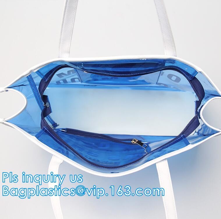 PVC Tote Shopper Square Handbag Ladies Shoulder Beach Bag, pvc waterproof shoulder beach bag with two bags, handle shoul