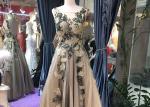 Sleeveless Backless Ball Gown , Champagne Tulle Prom Dress Embroidery Flowers