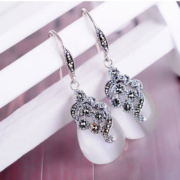 Retro Jewelry Thai 925 Silver with Marcasite White Opal Earrings(LR1036WHITE)