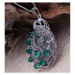 Vintage Thai Sterling Silver Green Agate with Marcasite Peafowl Pendant Necklace