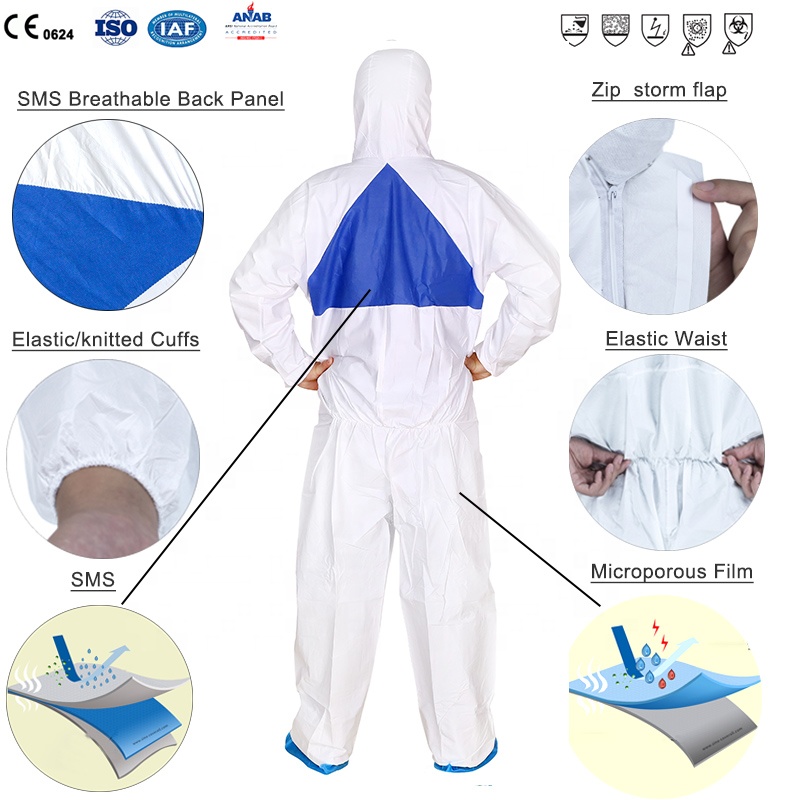 Microporous Sms Back Panel Disposable Waterproof Coverall For Car Washing