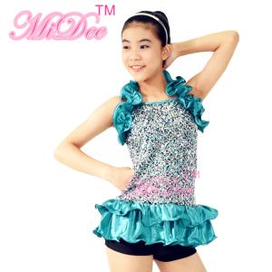 Quality 2 in 1 Glitter Sequin Bodice Ruflle Halter Neck Leotard Dance Competition Costumes wholesale