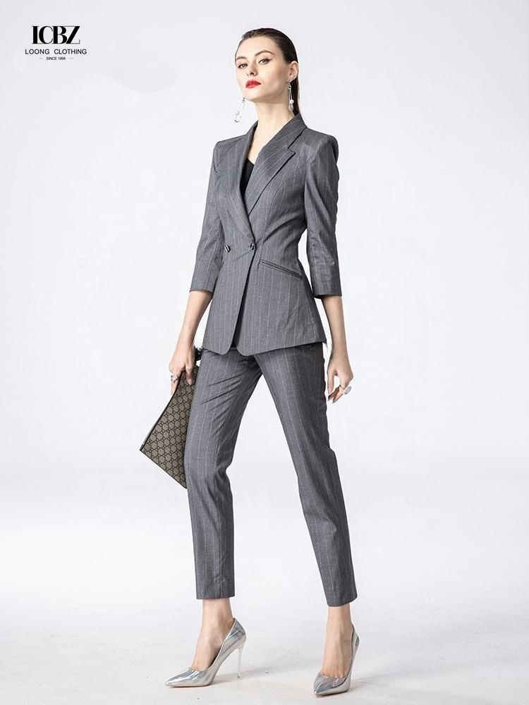 Solid Pattern Women's Office Wear Custom Dark Gray Striped Professional Work Suit