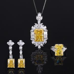 Quality 925 Sterling Silver Jewelry Set Radiant Cut Created Yellow Diamond Pendant Ring Earrings wholesale