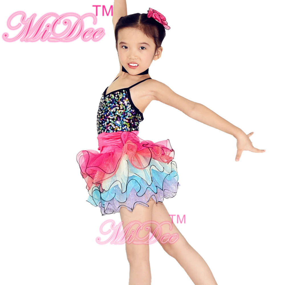 Rainbow Kids Dance Clothes Curly Hem Skirt Sequin Tiered Dress Back Straps Cross