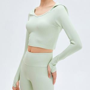 Quality High Waist Ribbed Yoga Clothes Women Long Sleeve Hooded Crop Top Set wholesale