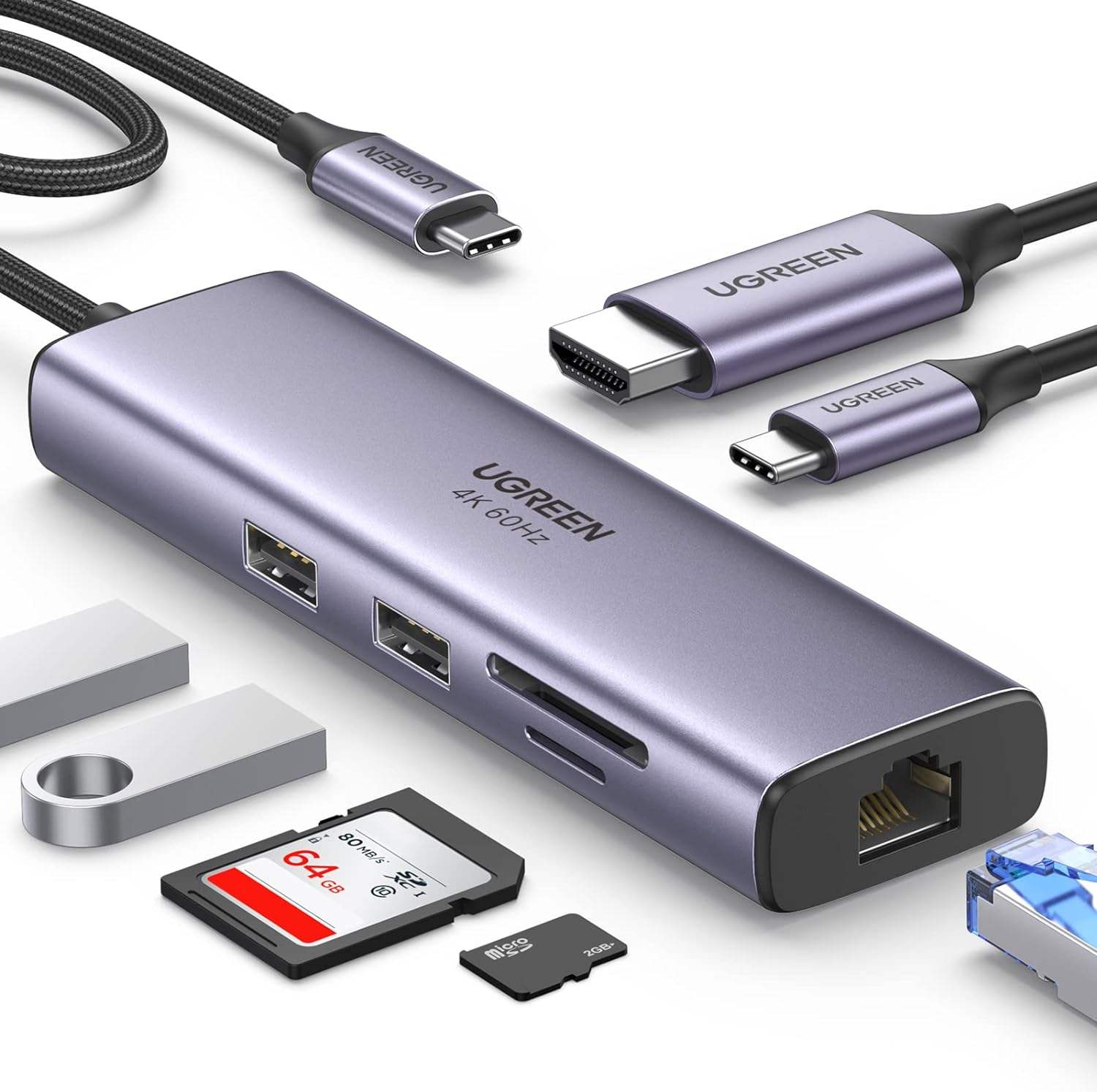 7 in 1 USB C Hub Gigabit Ethernet Adapter 100W PD Charging, USB A Data Ports, SD/TF Card Reader