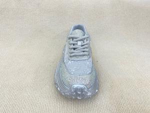 Quality Women silver leather sneakers with bling crystal and breathable mesh upper lacing wholesale