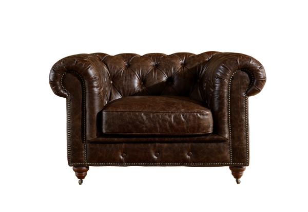 Chesterfield High Back Leather Armchair Strong Solidwood Frame With Elegant Nail
