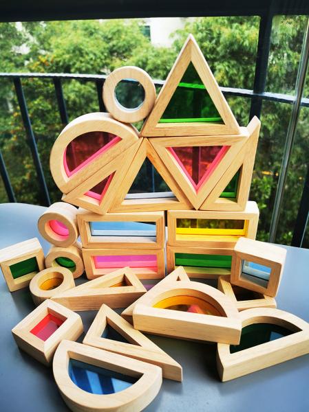 Kids Montessori Wooden Toy Sensory Rainbow Mirror Blocks Solid Rubber Wood