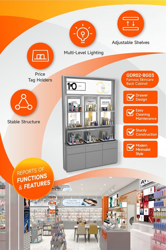 GDR02-BG03 Skincare Display Cabinet with 60mm Soft Film Light Box and Milky White Organic Material for Cosmetic Stores