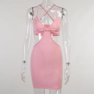Quality Low Cut Halter Suspender Sexy Women Dresses 61cm Pink High Waist Hollow Stitching wholesale