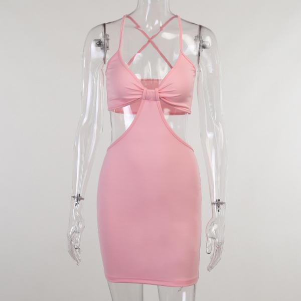 Low Cut Halter Suspender Sexy Women Dresses 61cm Pink High Waist Hollow