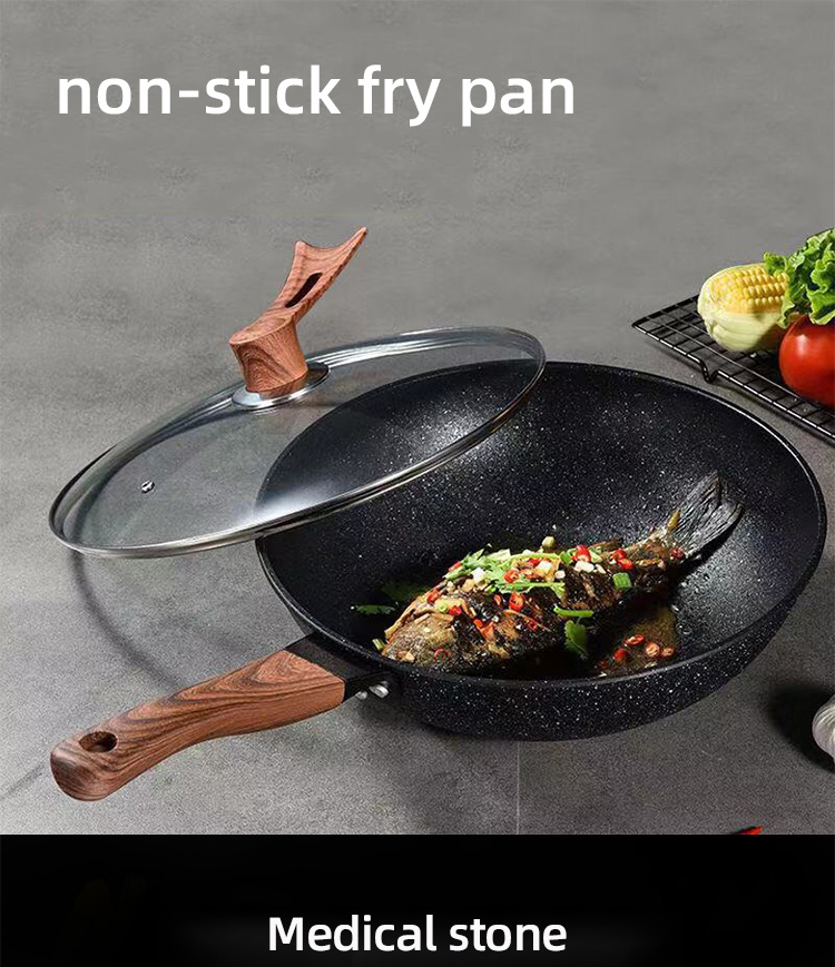 Hot Sale Black 32cm Flat Bottom Maifan Stone Skillet Cookware Cooking Non-stick Deep Frying Pan