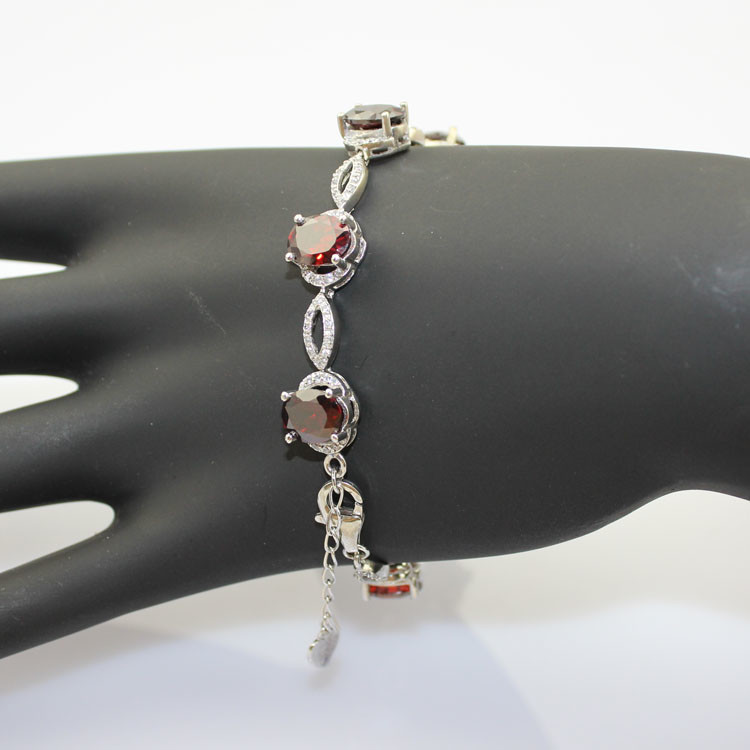 Women Jewelry 925 Silver Created 7x9mm Oval Garnet Cubic Zircon Tennis Bracelet(B05RED)