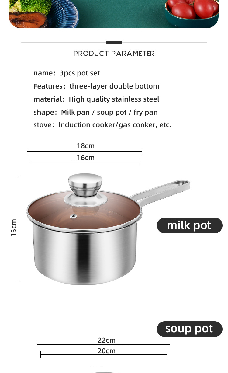 Factory Direct Kitchen Cooking Food Stainless Steel 3 PCS Cooking Pots And Pans Cookware Sets