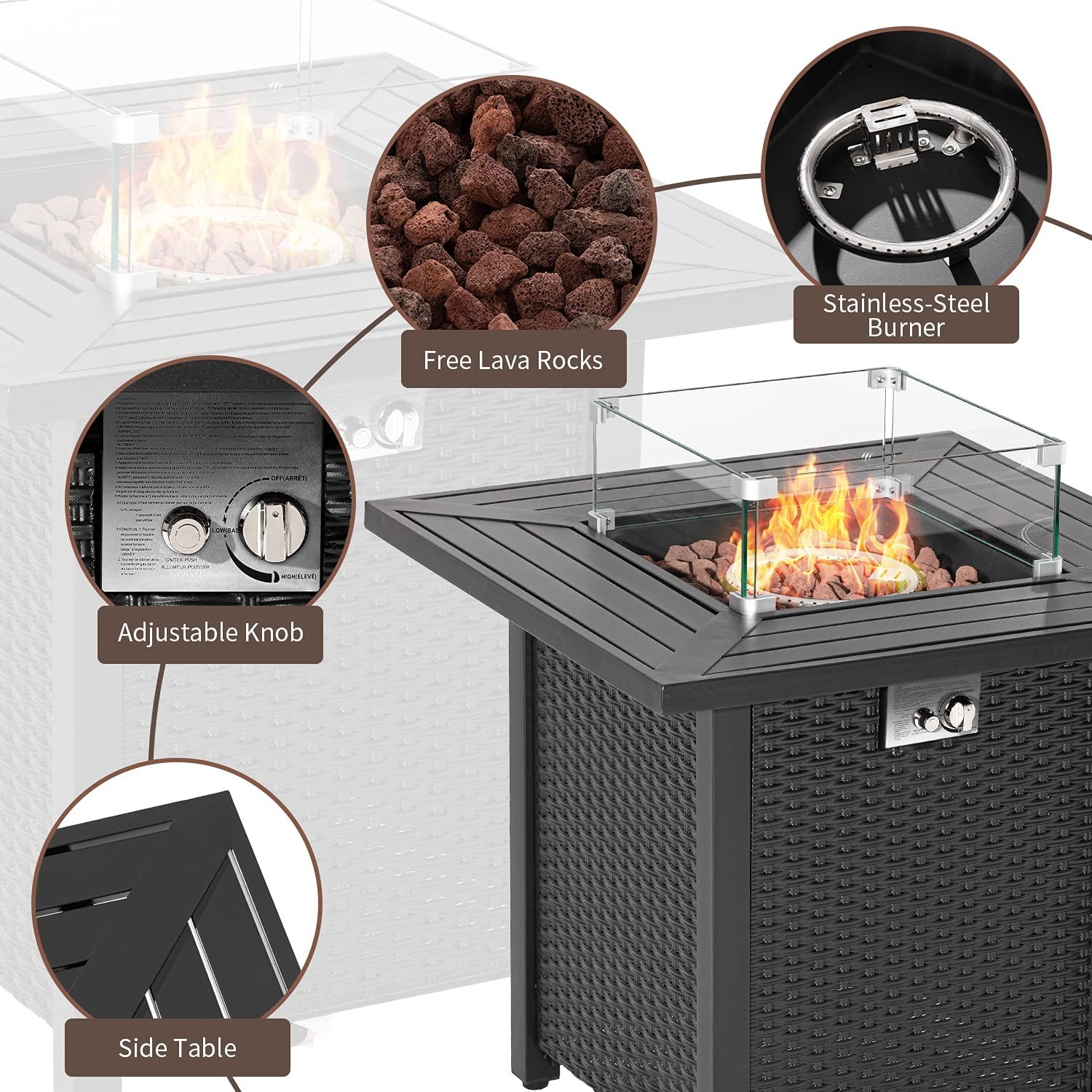 28 Inch 50,000 BTU Gas Modern Propane Fire Pit Auto-Ignition Waterproof Cover