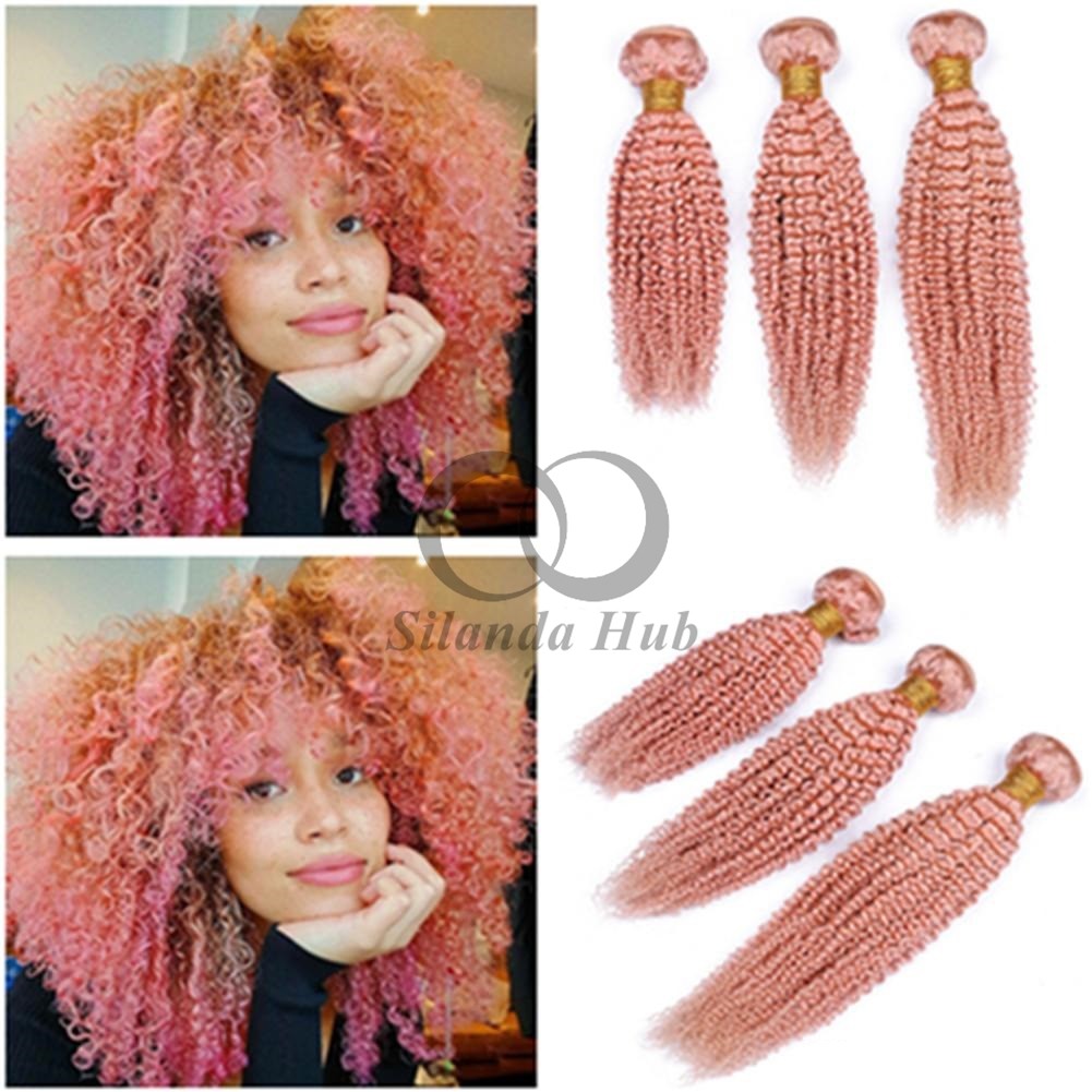 Pink Kinky Curly Remy Human Hair Bundles Sew In Weave Bundles Brazilian Bundle Deals