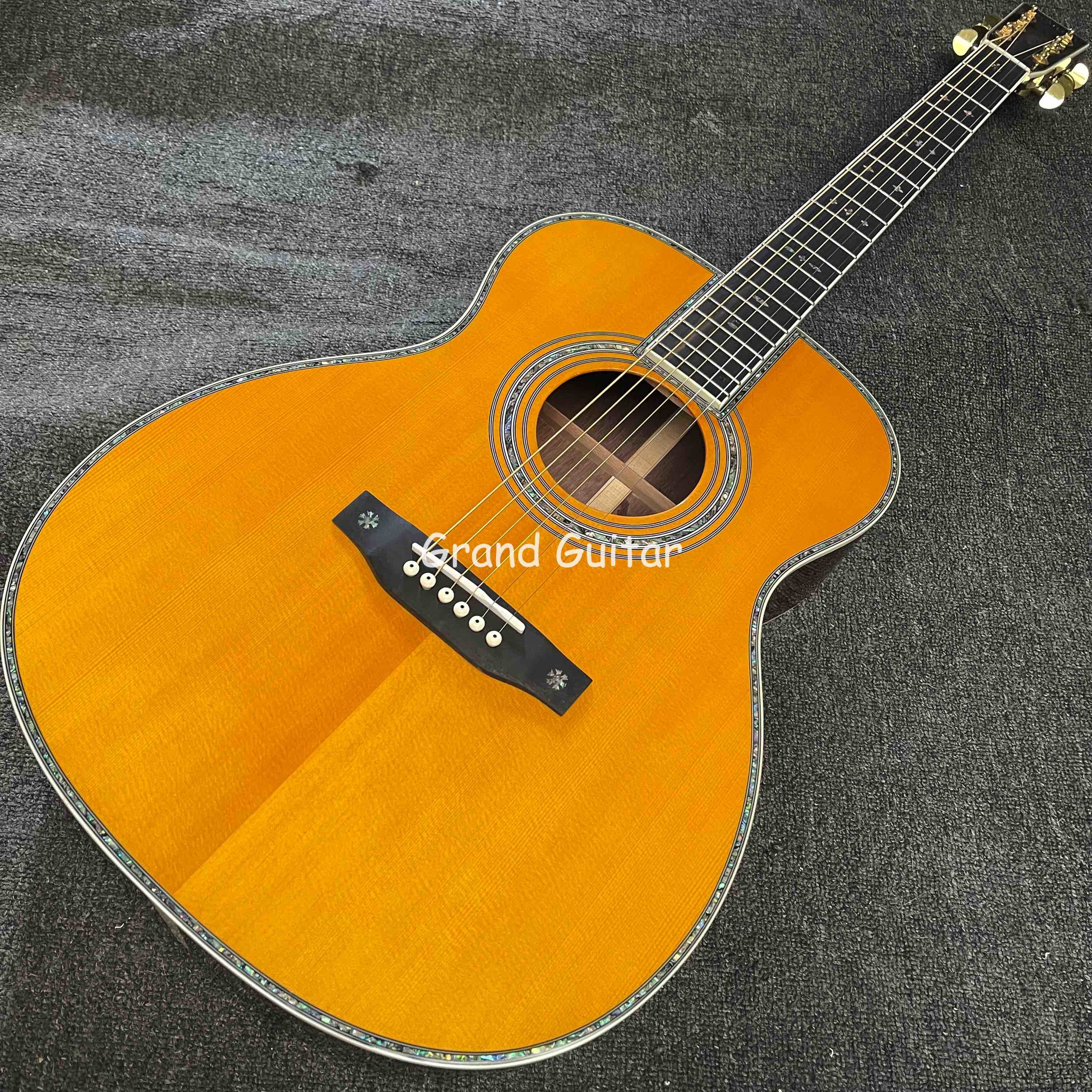 Custom OM Body Spruce Top Yellow Painting Gloss Finishing Acoustic Electric Guitar with ROSEWOOD Back Side