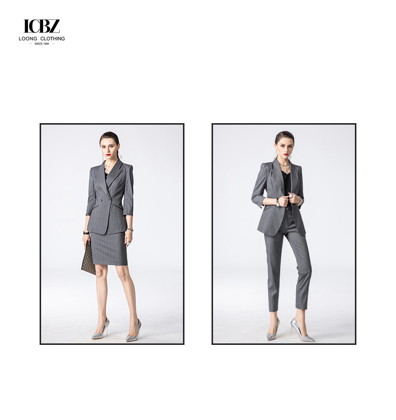 Solid Pattern Women's Office Wear Custom Dark Gray Striped Professional Work Suit