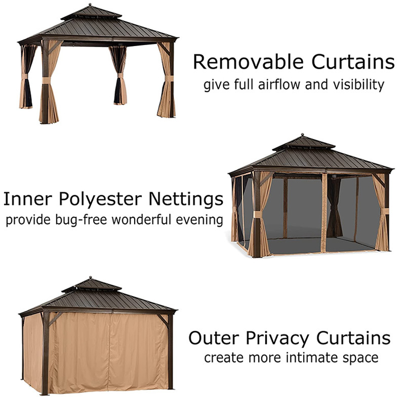 Metal Roof Gazebo Outdoor Garden With Curtains And Mesh Cover Gazebo Canopy