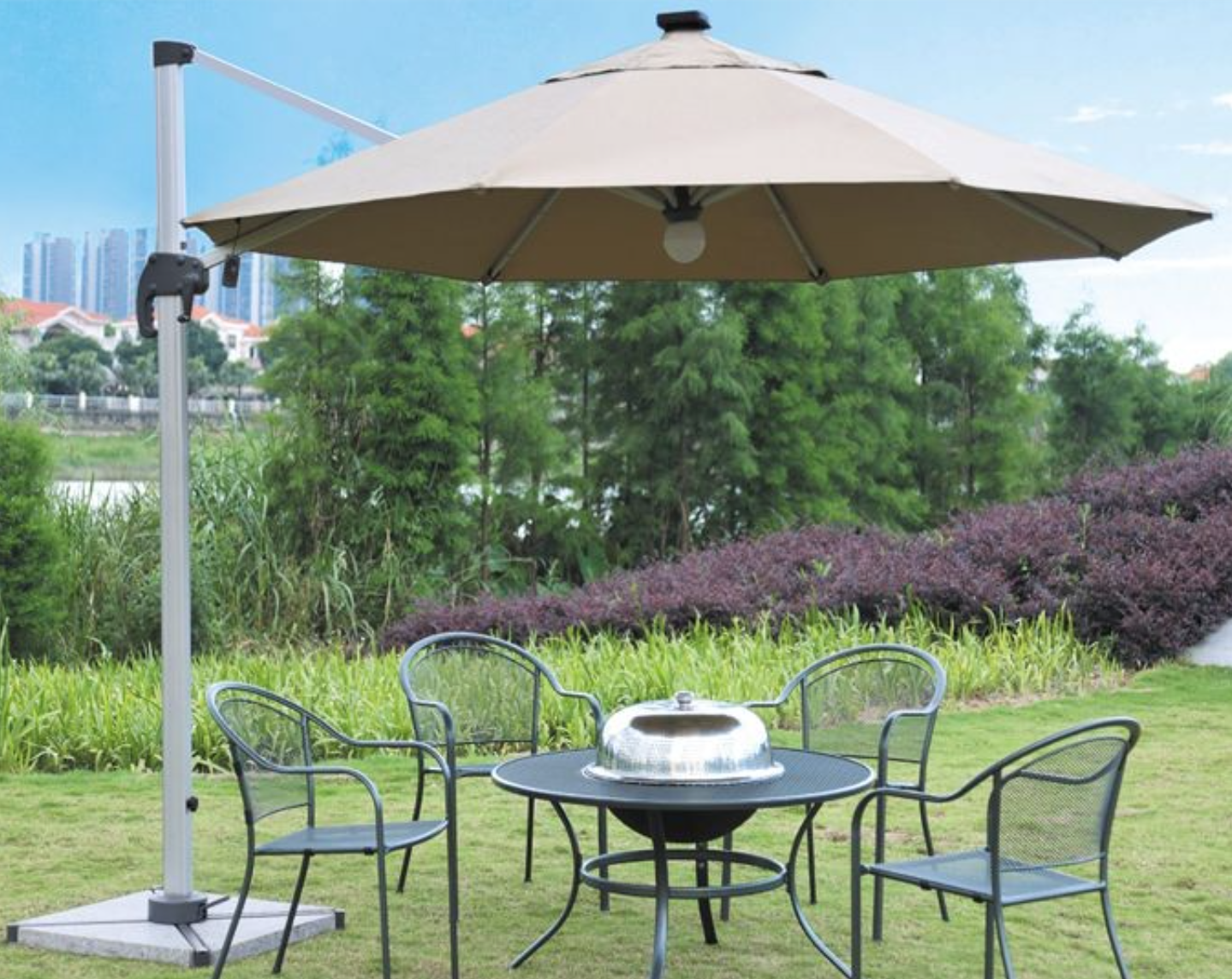 Aluminum 150cm Double Patio Umbrella Beach Sunshade Umbrella Remote Control Parasol
