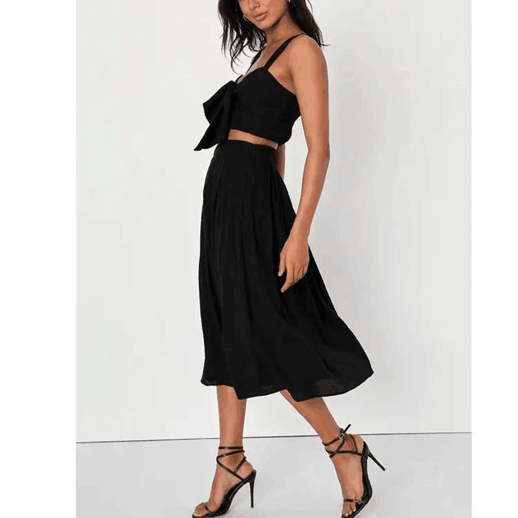 Crinkle Woven Rayon Black Sleeveless Tie-Front Two-Piece Dress Smocked Crop Tank Top and High Waist Long Skirts Suits