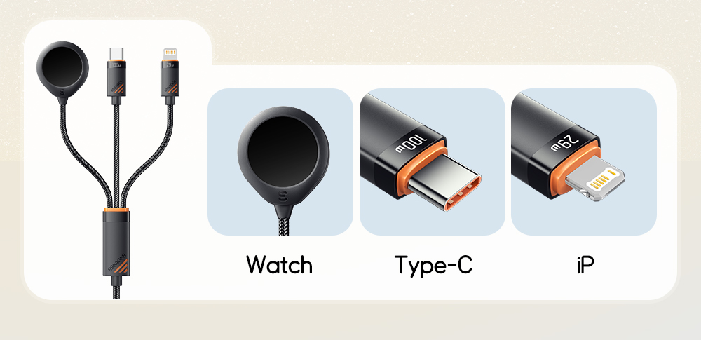 ESSAGER ES-X66 Series 100W USB C to USB C+L+Wireless Watch Charger 3 in 1 Cable