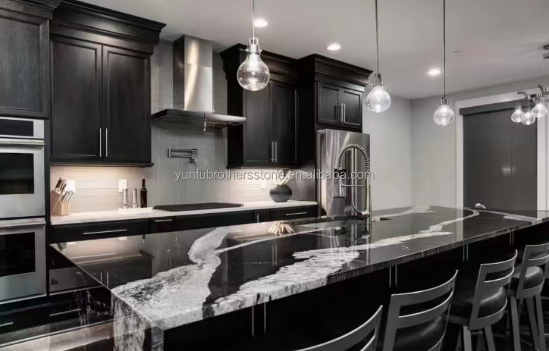 Modern Black Kitchen Countertop with Cabinets Stone Name Ink Impression Marble Big Slab
