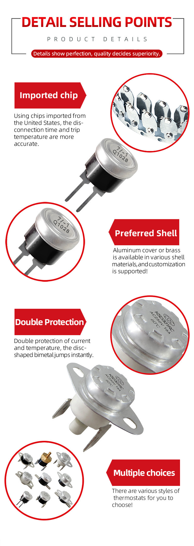 Custom KSD301 Thermal Switch Thermostat Cutout 250V 10A 150c Temperature Control
