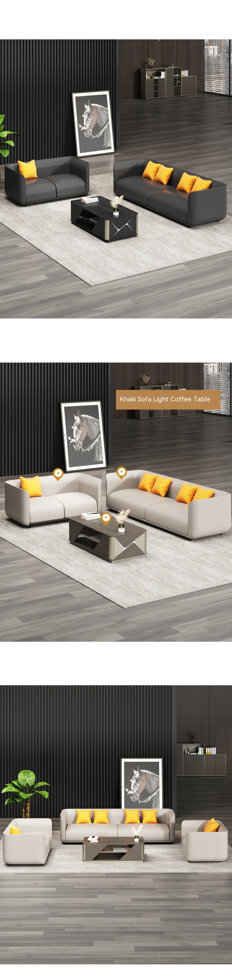 Chinese Style Reception Room Office Sofa Set with Three Leather Sofas and Coffee Table