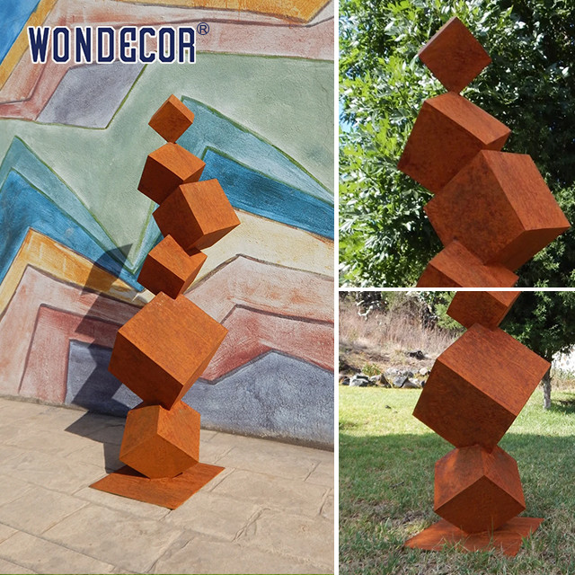 Large outdoor garden geometric cube weather resistant steel sculpture
