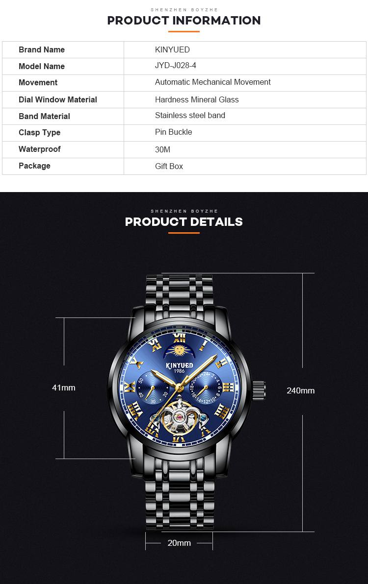 KINYUED watch own brand mens watches in wristwatches manufacturer tourbillon mechanical wristwatch
