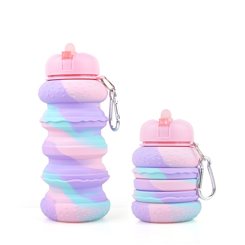 Doughnut Collapsible Water Bottle For Kids 19oz BPA Free Leakproof Silicone Rainbow Water Bottles For School Students