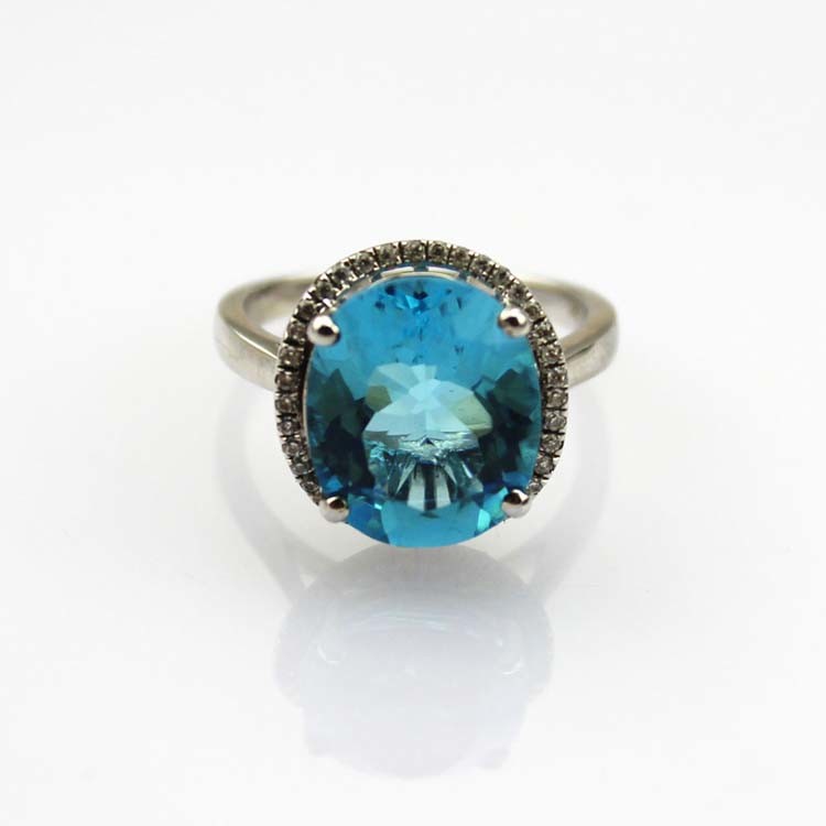 White Gold Plated 925 Silver Ring with Oval Blue Topaz Cubic Zircon (R265)