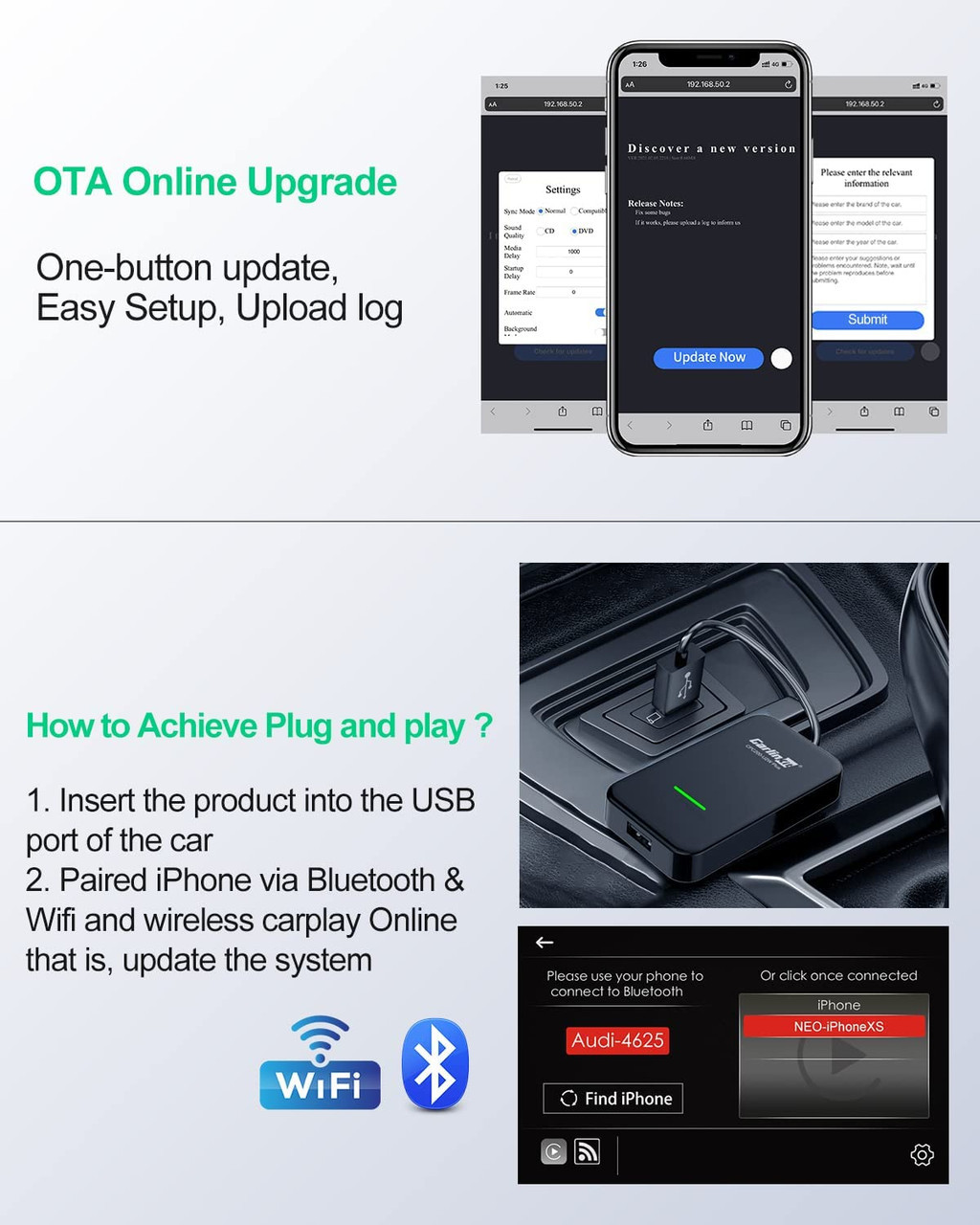 U2W Car Carplay Wired To Wireless Adapter Portable Multimedia Wireless Car Play Ai Box