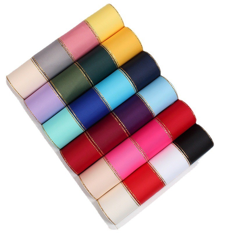 2.5cm Polyester Gold Edge Double Face Grosgrain Ribbon for Christmas Tree and Bag Handles