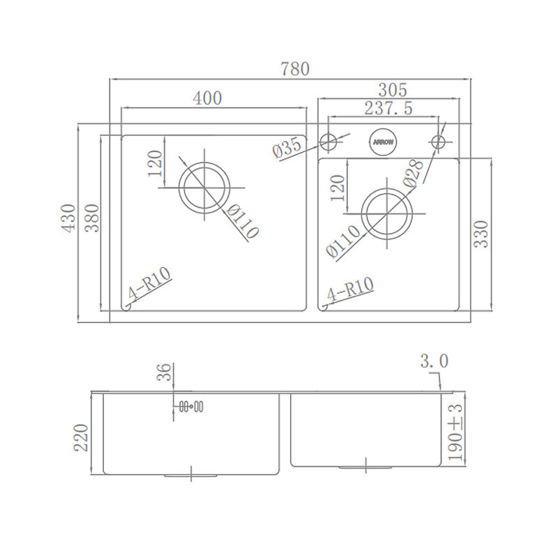 ASC32N7802 Stainless Steel Kitchen Sink 760x380mm Two Square Shape Bowl