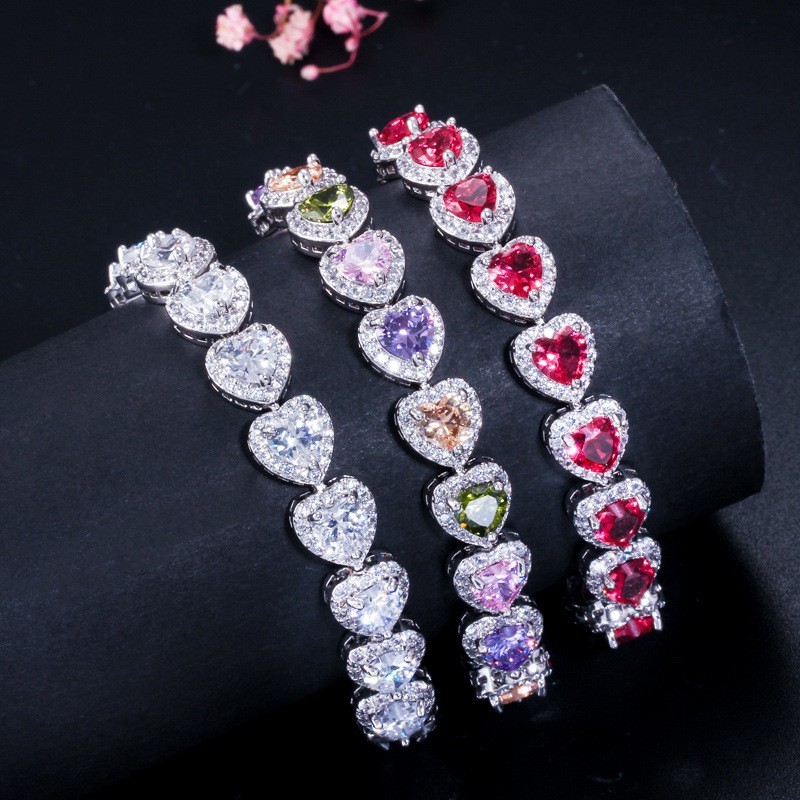 Elegant Prom Party Bracelets Jewelry Heart Shape Bracelets Blue Purple Red Green Yellow Crystal Stone Charm Bracelets