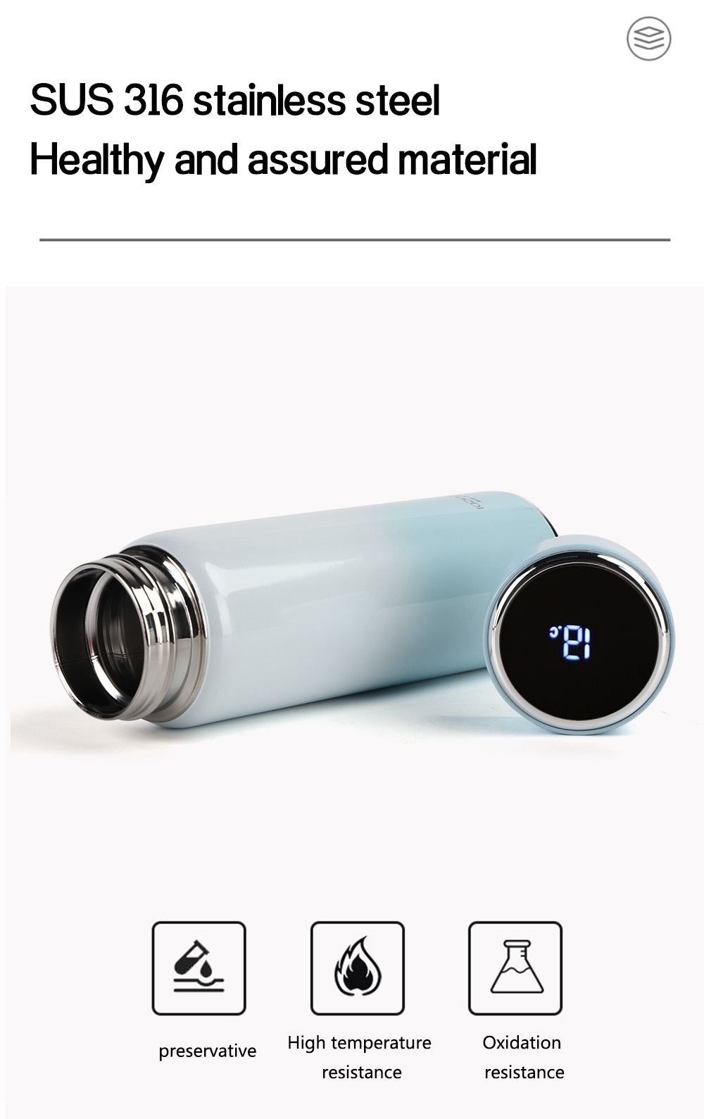 High Quality Stainless Steel Compact Convenient and Long Term Heat Preservation Intelligent Temperature Display Cup