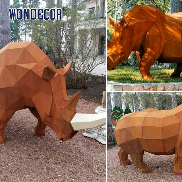 Large Park Forged Metal Sculpture Geometric Animal Rhinoceros