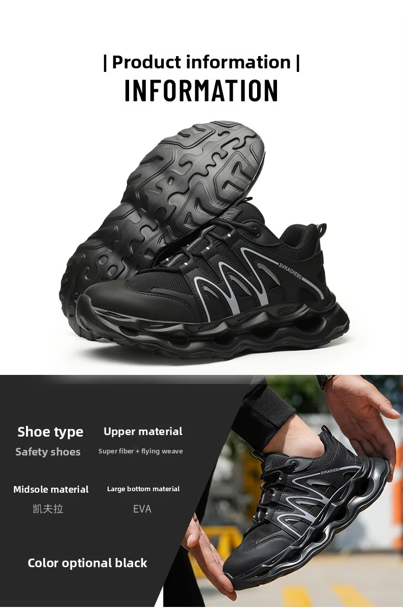 Breathable Microfiber Leather Mesh Safety Shoes With Kevlar Anti-stab Steel Toe And EVA Sole In Black
